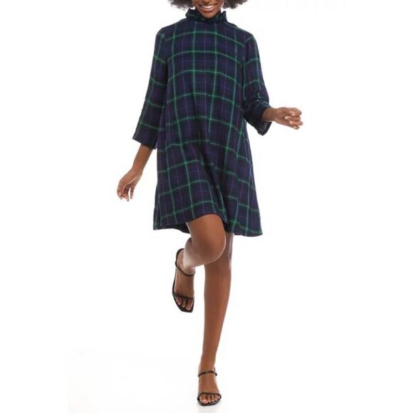 NEW Crown & Ivy Bow Back plaid Ruffle Dress Sz L green navy‎ blue - Picture 2 of 8